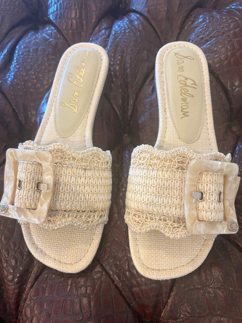 Sam Edelman Cream Raffia Buckle Slide Sandals Size 9